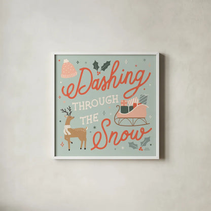 Reindeer Holiday IV by Laura Marshall. Shown in a crisp white glass frame for a clean and minimalist style. Available as an archival giclee rolled canvas, fine art paper, or poster print. SKU 75374a.