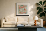 Reindeer Holiday IV by Laura Marshall. Displayed in a glass frame with matte in a clean modern living room. Available as an archival giclee rolled canvas, fine art paper, or poster print. SKU 75374a.