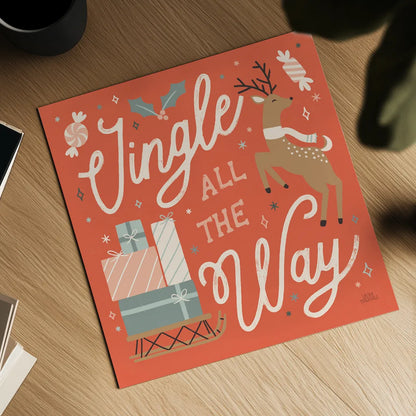 Reindeer Holiday V by Laura Marshall. Shown as a detailed flat fine art print, highlighting archival giclee quality. Available as an archival giclee rolled canvas, fine art paper, or poster print. SKU 75375a.