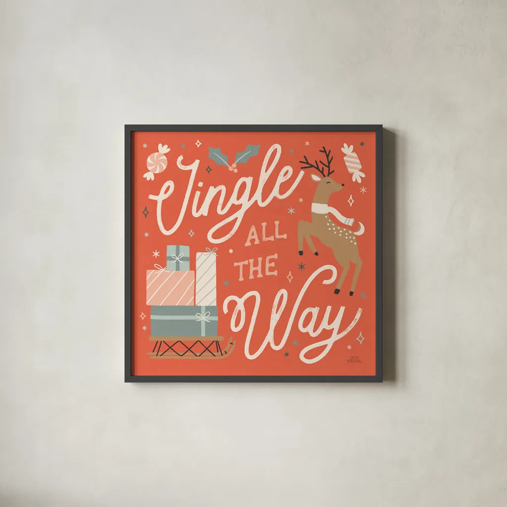 Reindeer Holiday V by Laura Marshall. Shown in a sleek black glass frame for a contemporary gallery look. Available as an archival giclee rolled canvas, fine art paper, or poster print. SKU 75375a.