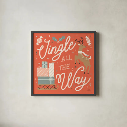 Reindeer Holiday V by Laura Marshall. Shown in a sleek black glass frame for a contemporary gallery look. Available as an archival giclee rolled canvas, fine art paper, or poster print. SKU 75375a.