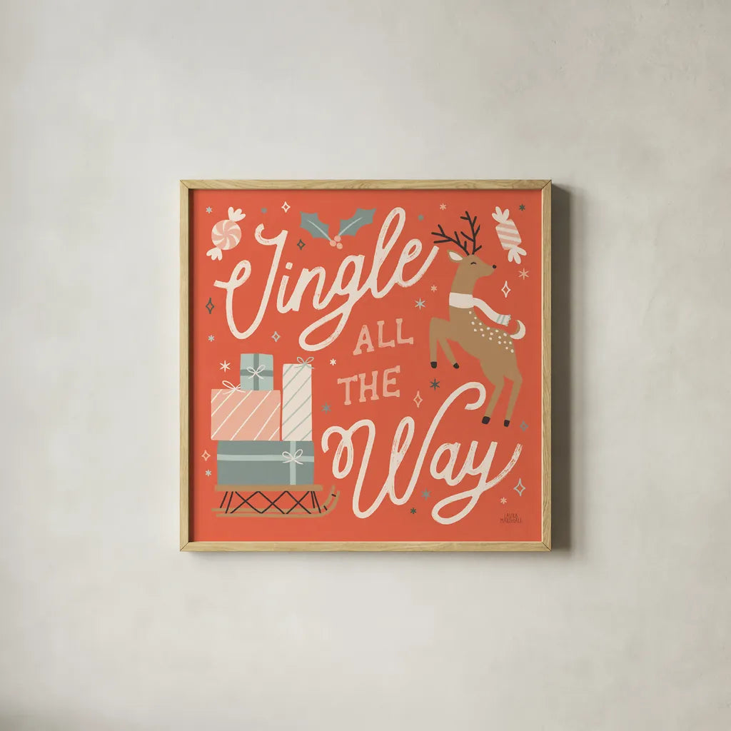 Reindeer Holiday V by Laura Marshall. Shown in a natural wood glass frame for a timeless modern aesthetic. Available as an archival giclee rolled canvas, fine art paper, or poster print. SKU 75375a.