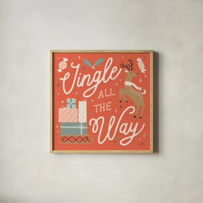 Reindeer Holiday V by Laura Marshall. Shown in a natural wood glass frame for a timeless modern aesthetic. Available as an archival giclee rolled canvas, fine art paper, or poster print. SKU 75375a.