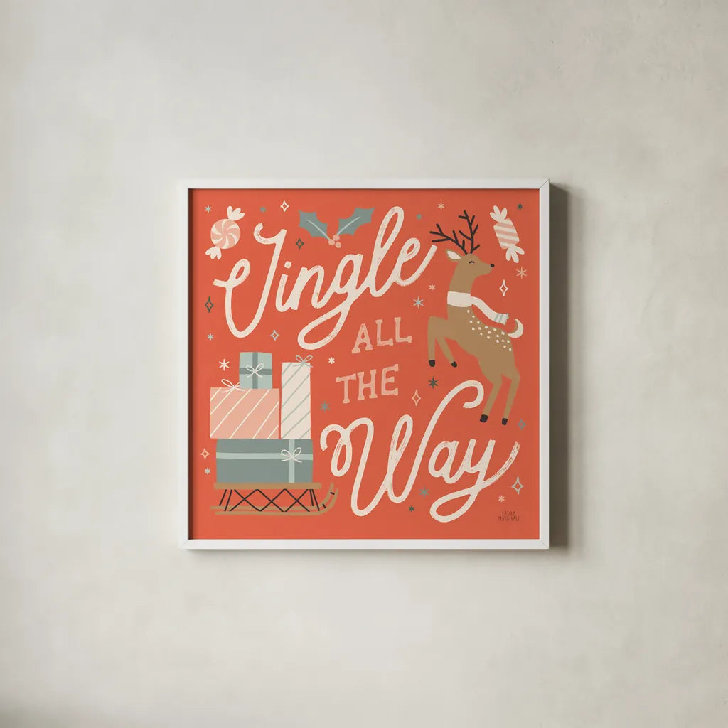 Reindeer Holiday V by Laura Marshall. Shown in a crisp white glass frame for a clean and minimalist style. Available as an archival giclee rolled canvas, fine art paper, or poster print. SKU 75375a.