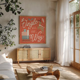 Reindeer Holiday V by Laura Marshall. Shown in a natural wood frame in a cozy modern living room. Available as an archival giclee rolled canvas, fine art paper, or poster print. SKU 75375a.