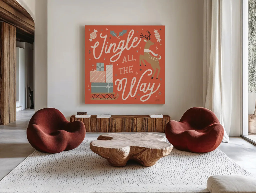 Reindeer Holiday V by Laura Marshall. Shown as extra-large giant wall art in a modern living room. Available as an archival giclee rolled canvas, fine art paper, or poster print. SKU 75375a.