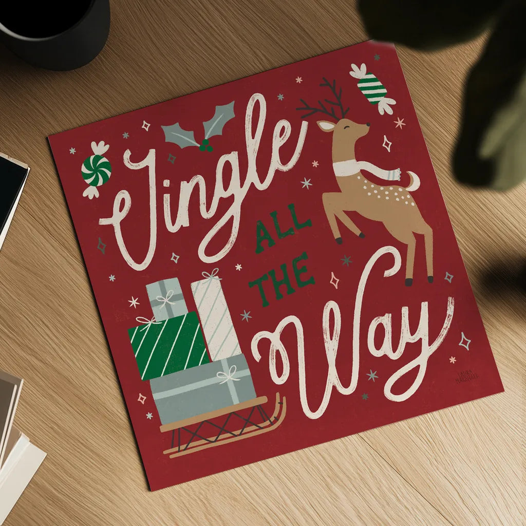 Reindeer Holiday V RG by Laura Marshall. Shown as a detailed flat fine art print, highlighting archival giclee quality. Available as an archival giclee rolled canvas, fine art paper, or poster print. SKU 75791a.