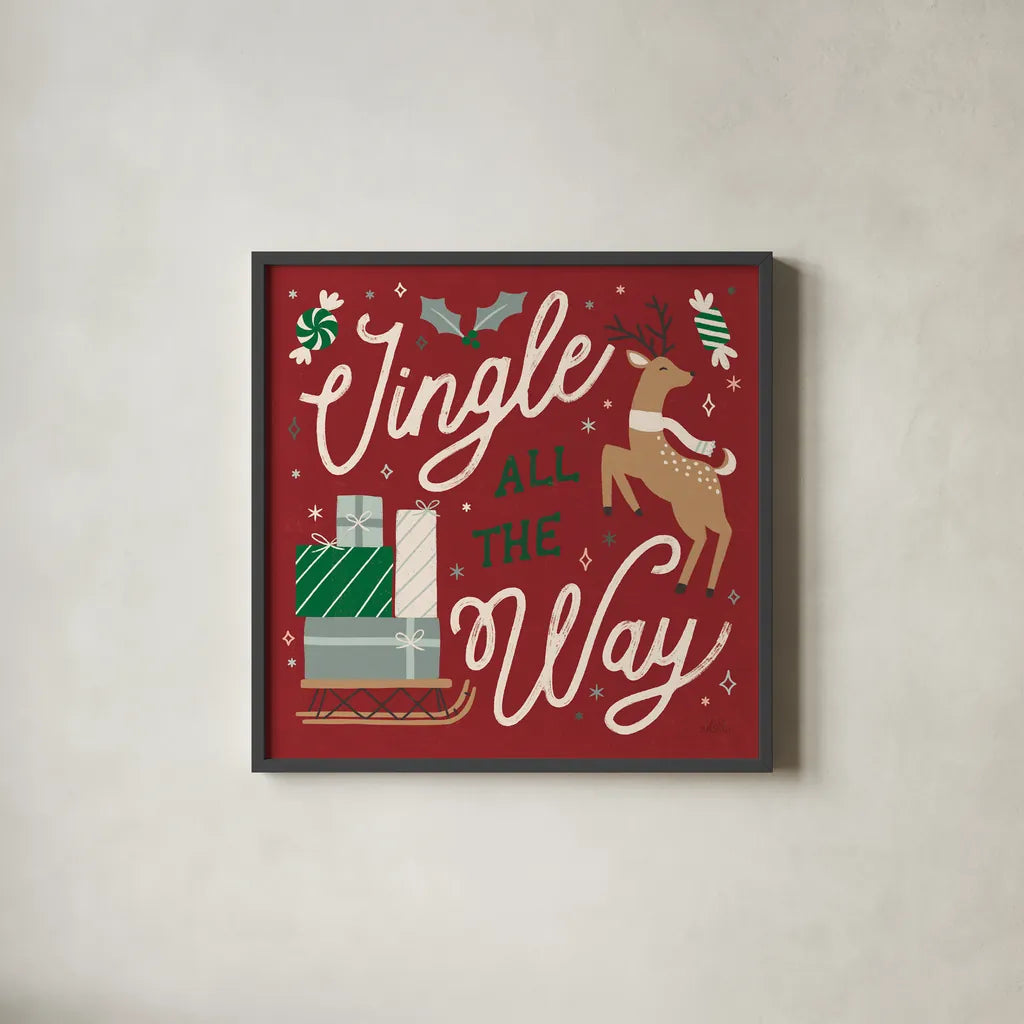 Reindeer Holiday V RG by Laura Marshall. Shown in a sleek black glass frame for a contemporary gallery look. Available as an archival giclee rolled canvas, fine art paper, or poster print. SKU 75791a.