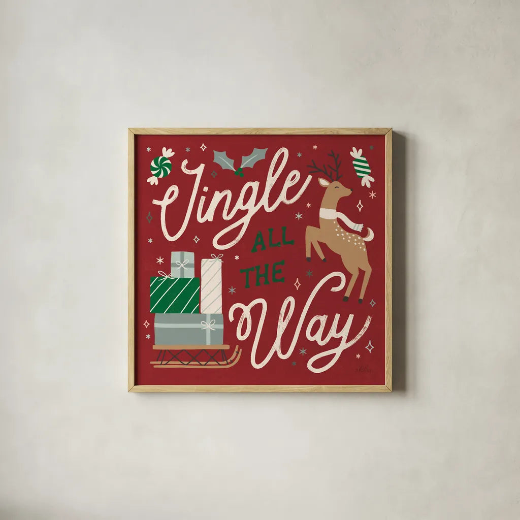 Reindeer Holiday V RG by Laura Marshall. Shown in a natural wood glass frame for a timeless modern aesthetic. Available as an archival giclee rolled canvas, fine art paper, or poster print. SKU 75791a.