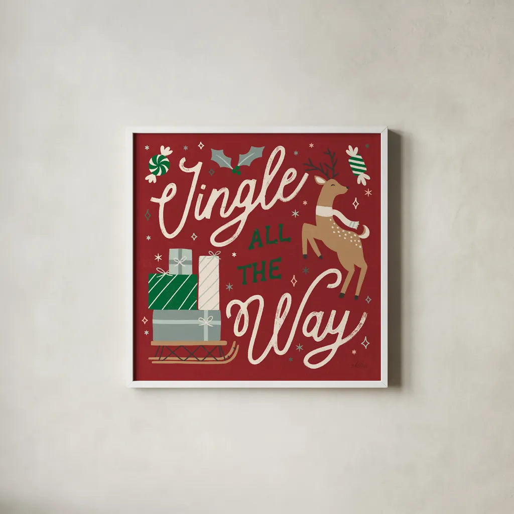 Reindeer Holiday V RG by Laura Marshall. Shown in a crisp white glass frame for a clean and minimalist style. Available as an archival giclee rolled canvas, fine art paper, or poster print. SKU 75791a.