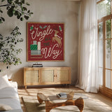Reindeer Holiday V RG by Laura Marshall. Shown in a natural wood frame in a cozy modern living room. Available as an archival giclee rolled canvas, fine art paper, or poster print. SKU 75791a.