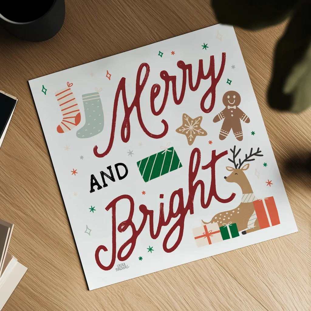 Reindeer Holiday VI RG by Laura Marshall. Shown as a detailed flat fine art print, highlighting archival giclee quality. Available as an archival giclee rolled canvas, fine art paper, or poster print. SKU 75792a.