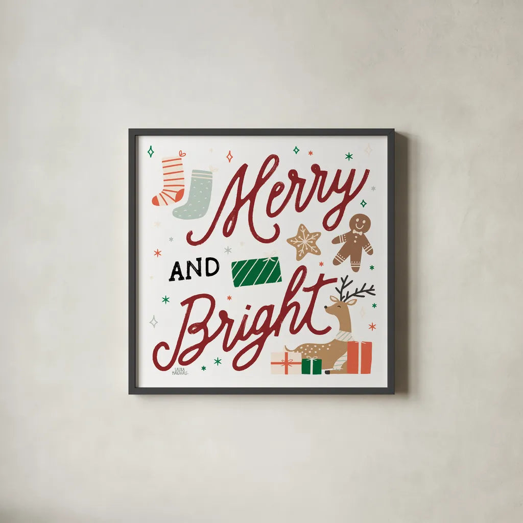 Reindeer Holiday VI RG by Laura Marshall. Shown in a sleek black glass frame for a contemporary gallery look. Available as an archival giclee rolled canvas, fine art paper, or poster print. SKU 75792a.