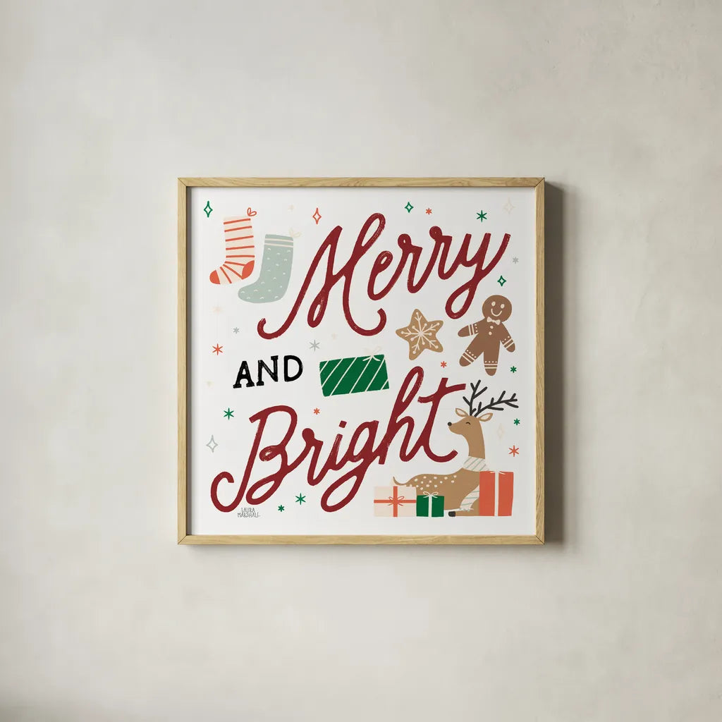 Reindeer Holiday VI RG by Laura Marshall. Shown in a natural wood glass frame for a timeless modern aesthetic. Available as an archival giclee rolled canvas, fine art paper, or poster print. SKU 75792a.