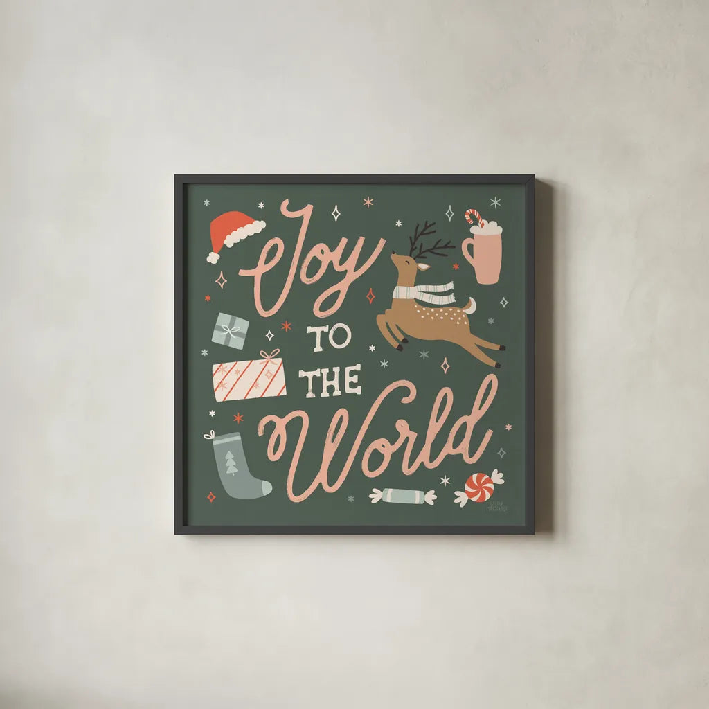 Reindeer Holiday VII by Laura Marshall. Shown in a sleek black glass frame for a contemporary gallery look. Available as an archival giclee rolled canvas, fine art paper, or poster print. SKU 75377a.