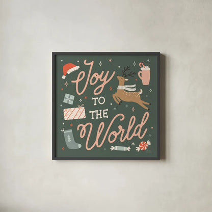 Reindeer Holiday VII by Laura Marshall. Shown in a sleek black glass frame for a contemporary gallery look. Available as an archival giclee rolled canvas, fine art paper, or poster print. SKU 75377a.