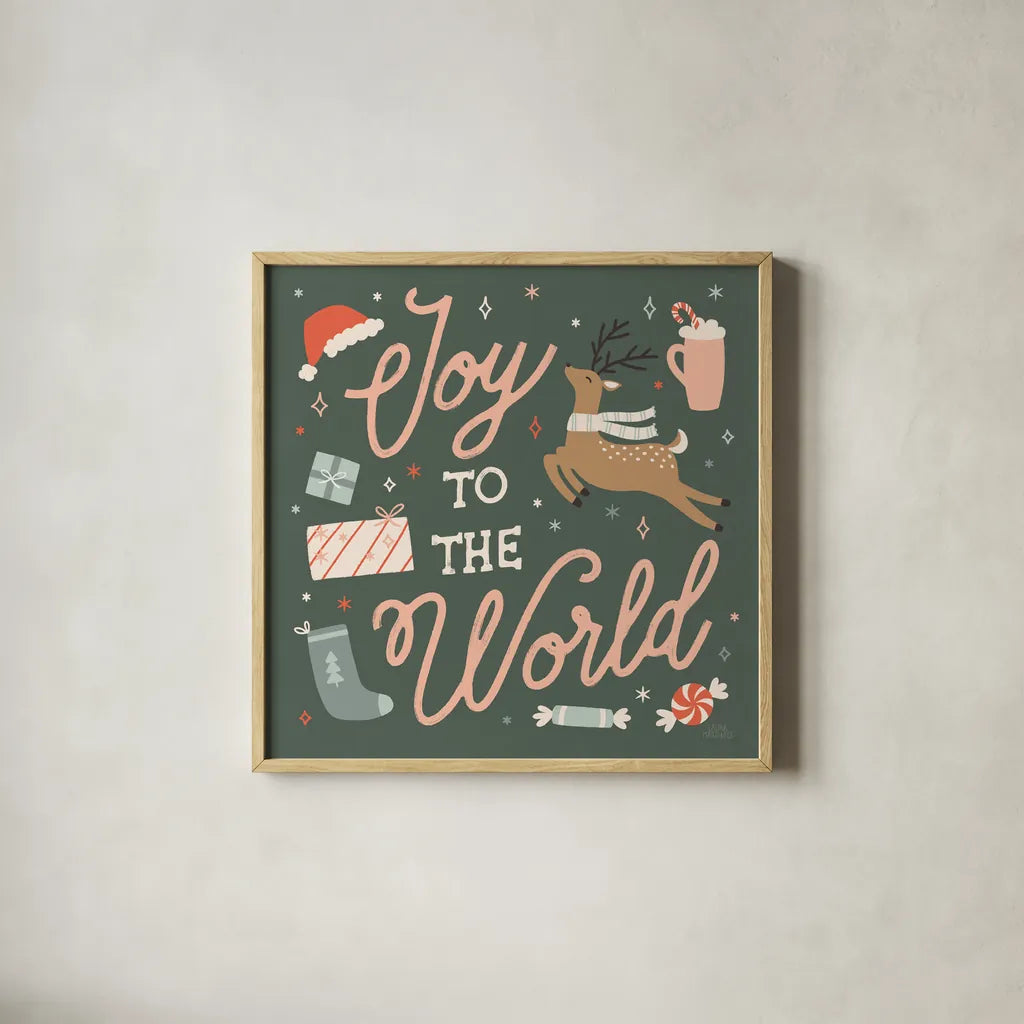 Reindeer Holiday VII by Laura Marshall. Shown in a natural wood glass frame for a timeless modern aesthetic. Available as an archival giclee rolled canvas, fine art paper, or poster print. SKU 75377a.