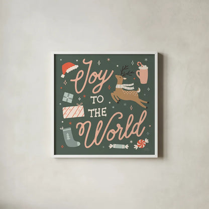 Reindeer Holiday VII by Laura Marshall. Shown in a crisp white glass frame for a clean and minimalist style. Available as an archival giclee rolled canvas, fine art paper, or poster print. SKU 75377a.