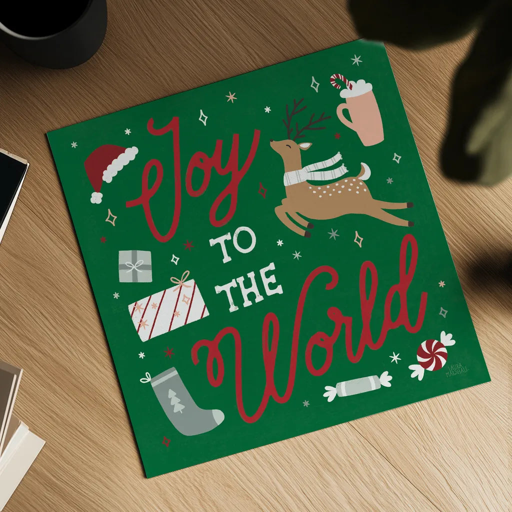 Reindeer Holiday VII RG by Laura Marshall. Shown as a detailed flat fine art print, highlighting archival giclee quality. Available as an archival giclee rolled canvas, fine art paper, or poster print. SKU 75793a.