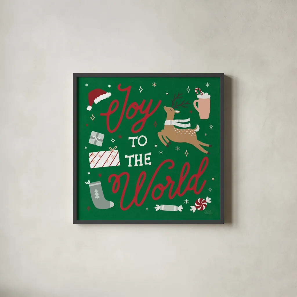 Reindeer Holiday VII RG by Laura Marshall. Shown in a sleek black glass frame for a contemporary gallery look. Available as an archival giclee rolled canvas, fine art paper, or poster print. SKU 75793a.