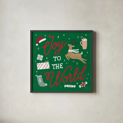 Reindeer Holiday VII RG by Laura Marshall. Shown in a sleek black glass frame for a contemporary gallery look. Available as an archival giclee rolled canvas, fine art paper, or poster print. SKU 75793a.