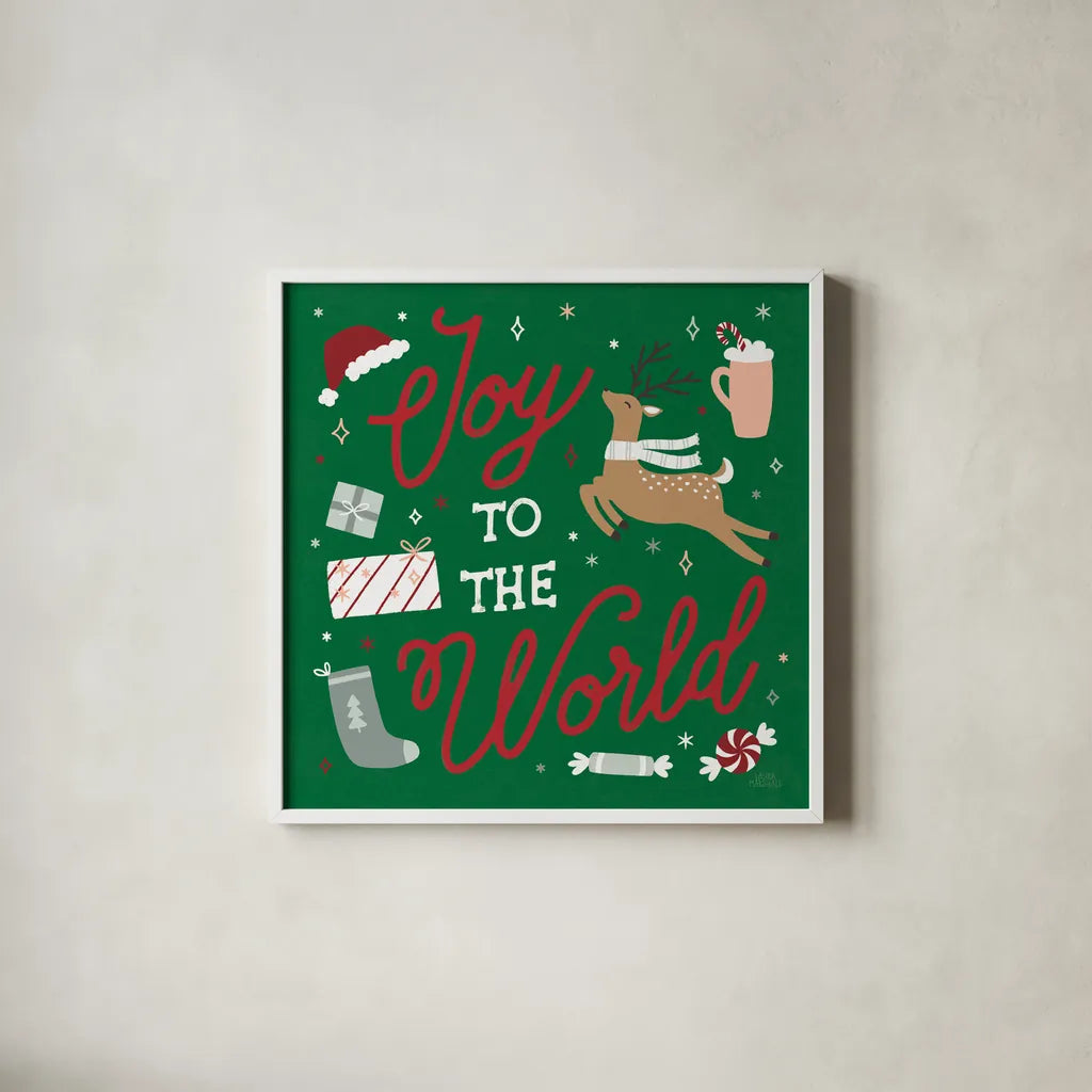 Reindeer Holiday VII RG by Laura Marshall. Shown in a crisp white glass frame for a clean and minimalist style. Available as an archival giclee rolled canvas, fine art paper, or poster print. SKU 75793a.