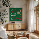 Reindeer Holiday VII RG by Laura Marshall. Shown in a natural wood frame in a cozy modern living room. Available as an archival giclee rolled canvas, fine art paper, or poster print. SKU 75793a.