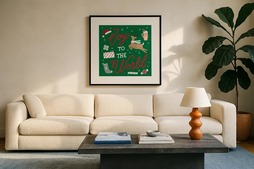 Reindeer Holiday VII RG by Laura Marshall. Displayed in a glass frame with matte in a clean modern living room. Available as an archival giclee rolled canvas, fine art paper, or poster print. SKU 75793a.