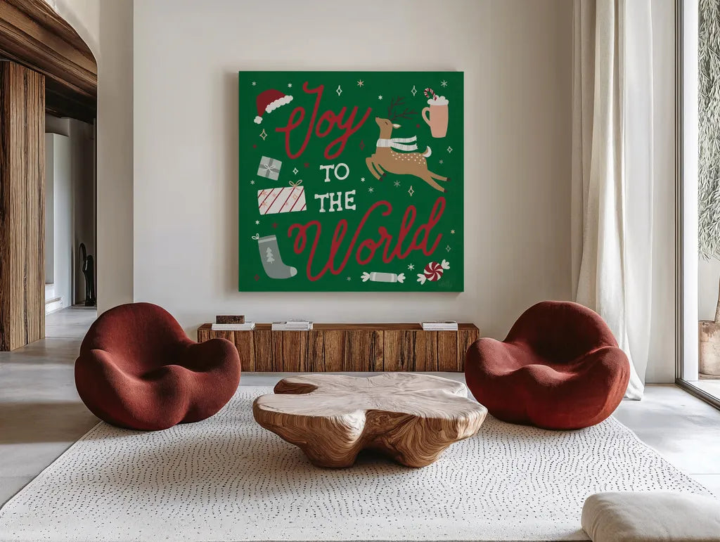 Reindeer Holiday VII RG by Laura Marshall. Shown as extra-large giant wall art in a modern living room. Available as an archival giclee rolled canvas, fine art paper, or poster print. SKU 75793a.