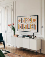 Retro Halloween I by Laura Marshall. shown as a framed stretched canvas in a living room above a console. Available as a archival giclee rolled canvas, fine art paper, or poster print. SKU 59591i.