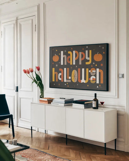 Retro Halloween I Black by Laura Marshall. shown as a framed stretched canvas in a living room above a console. Available as a archival giclee rolled canvas, fine art paper, or poster print. SKU 59596i.