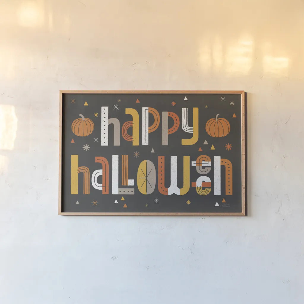 Retro Halloween I Black by Laura Marshall. shown as a paper print in a natural frame. Available as a archival giclee rolled canvas, fine art paper, or poster print. SKU 59596i.