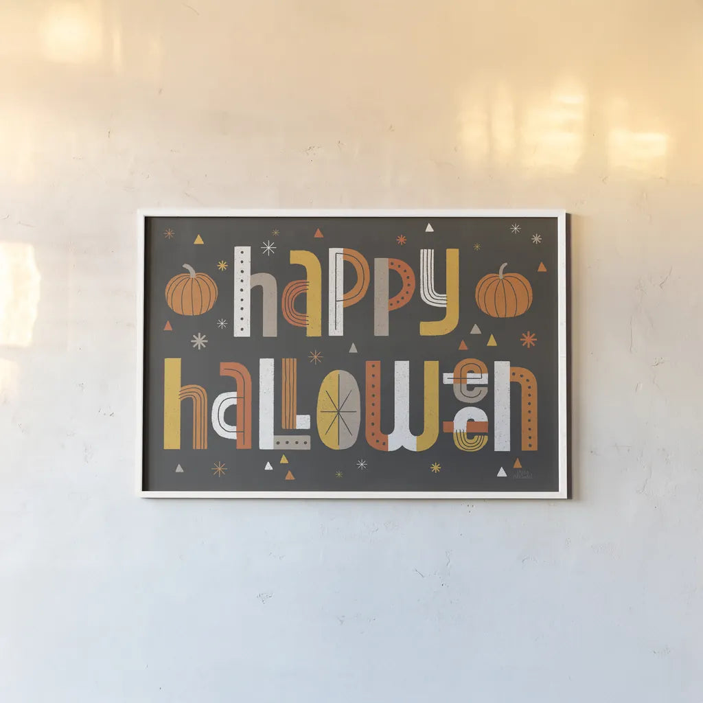 Retro Halloween I Black by Laura Marshall. shown as a paper print in a white frame. Available as a archival giclee rolled canvas, fine art paper, or poster print. SKU 59596i.