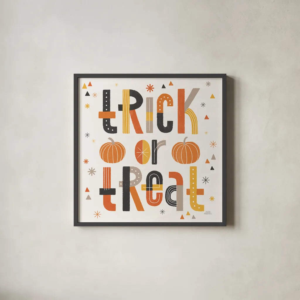 Retro Halloween II by Laura Marshall. Shown in a sleek black glass frame for a contemporary gallery look. Available as an archival giclee rolled canvas, fine art paper, or poster print. SKU 59592a.