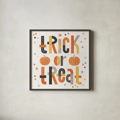 Retro Halloween II by Laura Marshall. Shown in a sleek black glass frame for a contemporary gallery look. Available as an archival giclee rolled canvas, fine art paper, or poster print. SKU 59592a.
