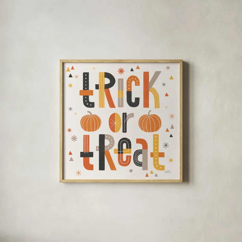 Retro Halloween II by Laura Marshall. Shown in a natural wood glass frame for a timeless modern aesthetic. Available as an archival giclee rolled canvas, fine art paper, or poster print. SKU 59592a.