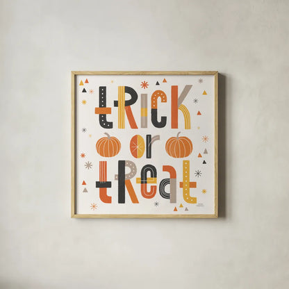 Retro Halloween II by Laura Marshall. Shown in a natural wood glass frame for a timeless modern aesthetic. Available as an archival giclee rolled canvas, fine art paper, or poster print. SKU 59592a.