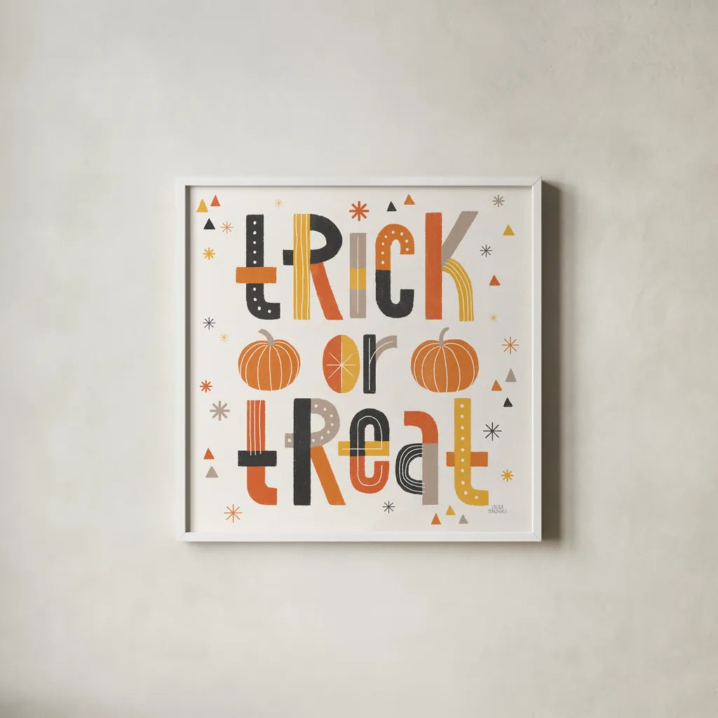 Retro Halloween II by Laura Marshall. Shown in a crisp white glass frame for a clean and minimalist style. Available as an archival giclee rolled canvas, fine art paper, or poster print. SKU 59592a.