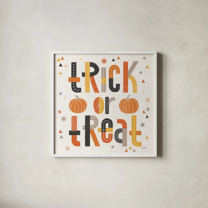 Retro Halloween II by Laura Marshall. Shown in a crisp white glass frame for a clean and minimalist style. Available as an archival giclee rolled canvas, fine art paper, or poster print. SKU 59592a.