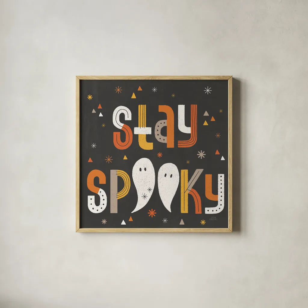 Retro Halloween III by Laura Marshall. Shown in a natural wood glass frame for a timeless modern aesthetic. Available as an archival giclee rolled canvas, fine art paper, or poster print. SKU 59593a.