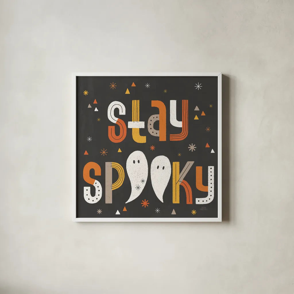 Retro Halloween III by Laura Marshall. Shown in a crisp white glass frame for a clean and minimalist style. Available as an archival giclee rolled canvas, fine art paper, or poster print. SKU 59593a.