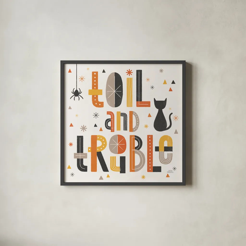 Retro Halloween V by Laura Marshall. Shown in a sleek black glass frame for a contemporary gallery look. Available as an archival giclee rolled canvas, fine art paper, or poster print. SKU 59595a.