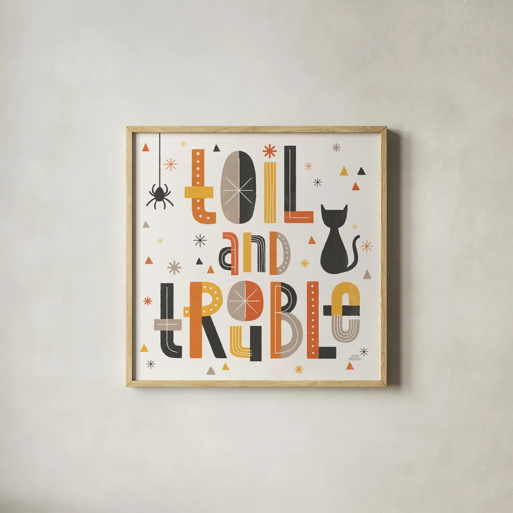 Retro Halloween V by Laura Marshall. Shown in a natural wood glass frame for a timeless modern aesthetic. Available as an archival giclee rolled canvas, fine art paper, or poster print. SKU 59595a.