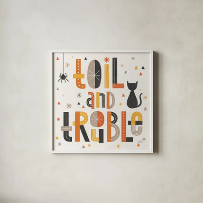 Retro Halloween V by Laura Marshall. Shown in a crisp white glass frame for a clean and minimalist style. Available as an archival giclee rolled canvas, fine art paper, or poster print. SKU 59595a.