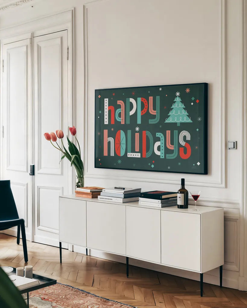Retro Holiday II by Laura Marshall. shown as a framed stretched canvas in a living room above a console. Available as a archival giclee rolled canvas, fine art paper, or poster print. SKU 60427i.