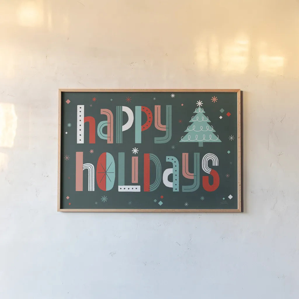 Retro Holiday II by Laura Marshall. shown as a paper print in a natural frame. Available as a archival giclee rolled canvas, fine art paper, or poster print. SKU 60427i.