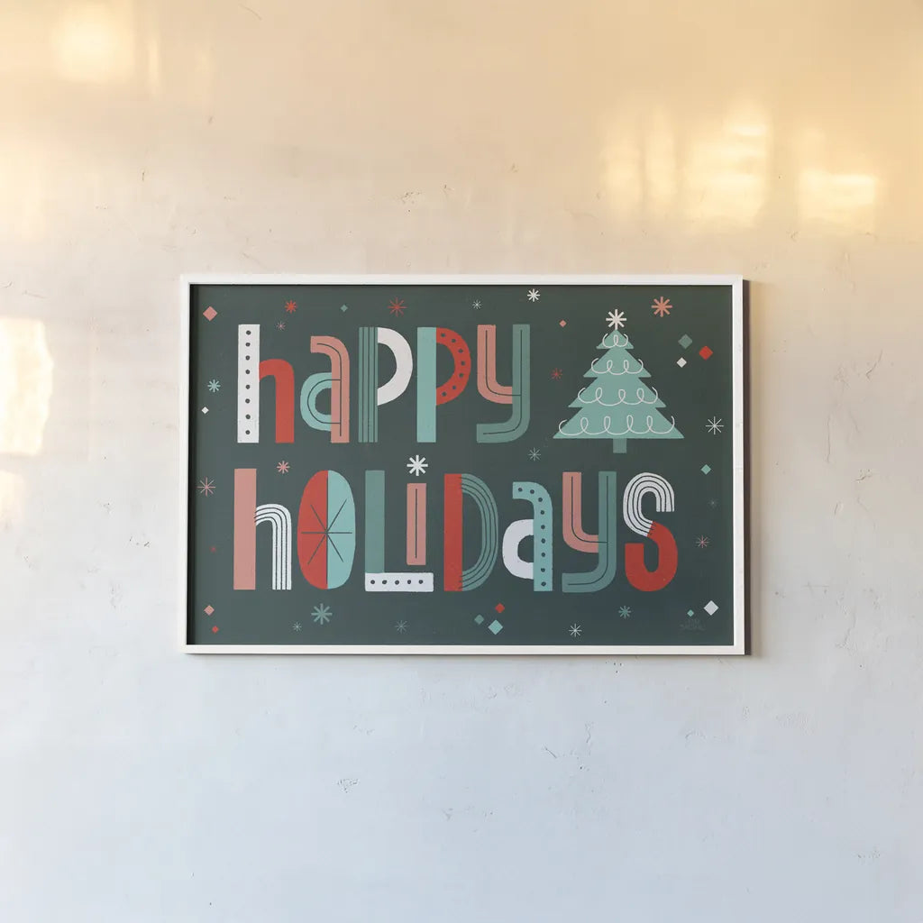 Retro Holiday II by Laura Marshall. shown as a paper print in a white frame. Available as a archival giclee rolled canvas, fine art paper, or poster print. SKU 60427i.