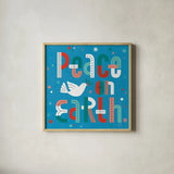 Retro Holiday III Blue by Laura Marshall. Shown in a natural wood glass frame for a timeless modern aesthetic. Available as an archival giclee rolled canvas, fine art paper, or poster print. SKU 65282a.