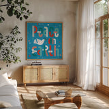 Retro Holiday III Blue by Laura Marshall. Shown in a natural wood frame in a cozy modern living room. Available as an archival giclee rolled canvas, fine art paper, or poster print. SKU 65282a.
