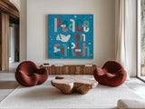Retro Holiday III Blue by Laura Marshall. Shown as extra-large giant wall art in a modern living room. Available as an archival giclee rolled canvas, fine art paper, or poster print. SKU 65282a.